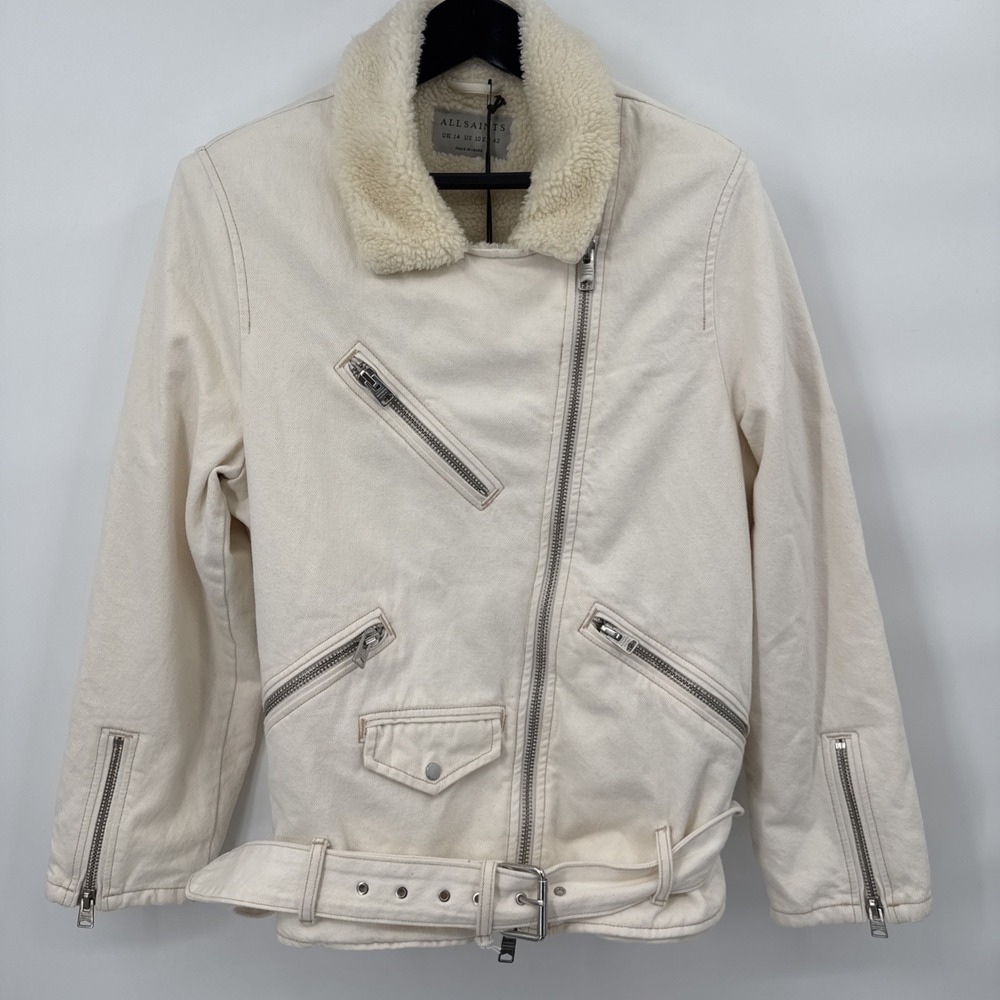 ALLSAINTS Women's Natural White Faux Sherpa Lining Denim Biker Jacket Size US 10
